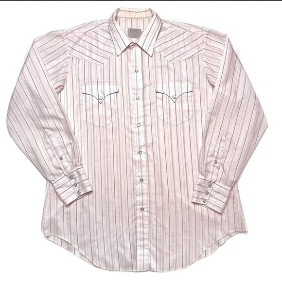 H Bar C Ranchwear Vintage 70s Long Tail Pearl Snap Shirt Pink Striped Mens 17-35 - Picture 6 of 6